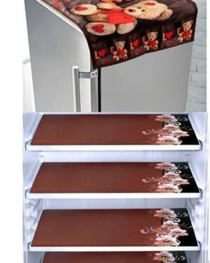 Knit Printed Fridge 4 Pcs Mat with Top Cover (Brown, Set of 1)