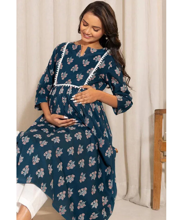 Floral Printed Notch Neck A-Line Maternity Kurta