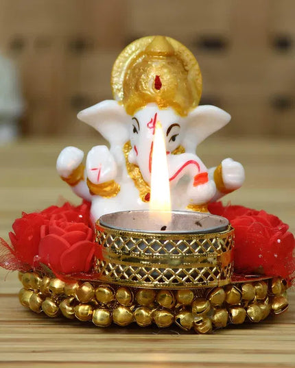 eCraftIndia Lord Ganesha Idol on Decorative Plate with Tea Light Holder