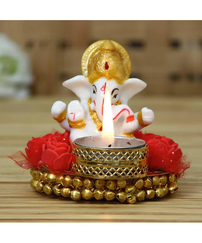 eCraftIndia Lord Ganesha Idol on Decorative Plate with Tea Light Holder