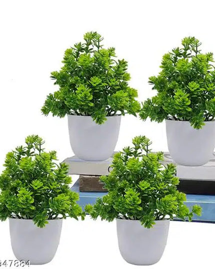 Artificial Plants with Pot (Green & White, Pack of 4)