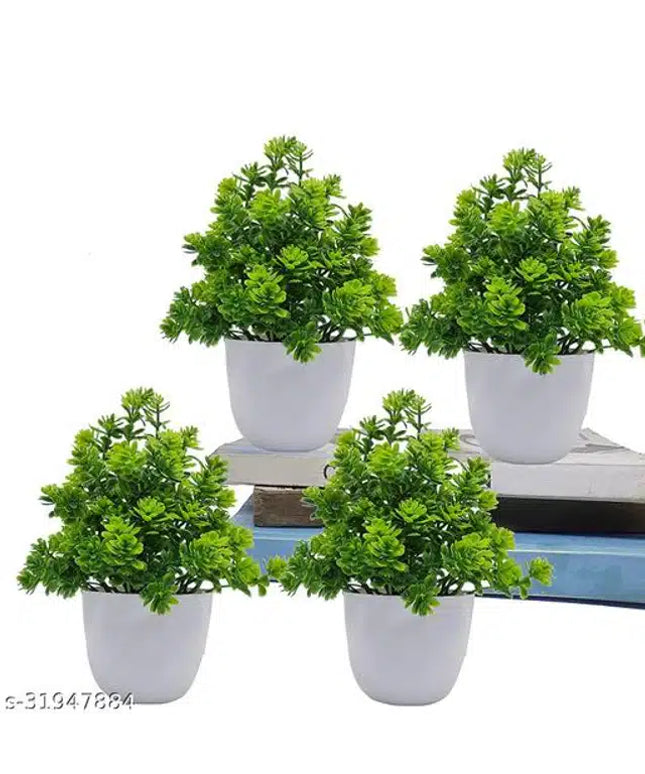Artificial Plants with Pot (Green & White, Pack of 4)