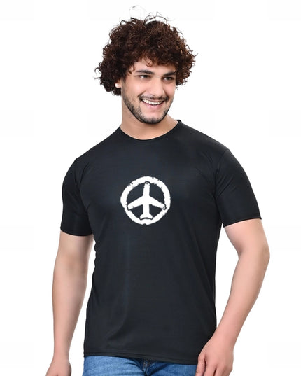 Cotton Blend Round Neck Printed T-Shirt for Men (Black, S)
