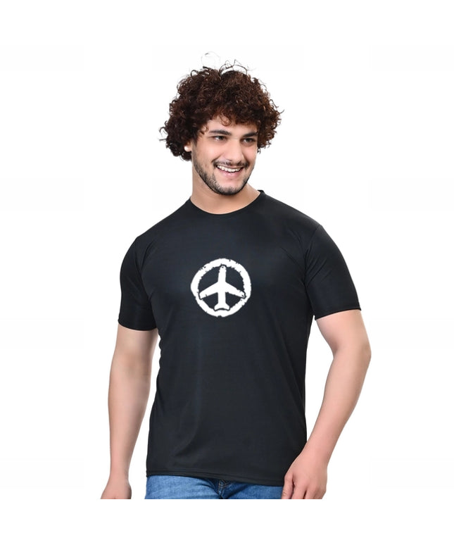 Cotton Blend Round Neck Printed T-Shirt for Men (Black, S)