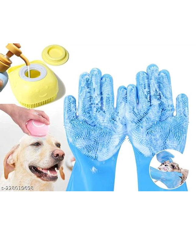 Silicone Dog Bath Brush with Cleaning Gloves (Multicolor, Set of 2)