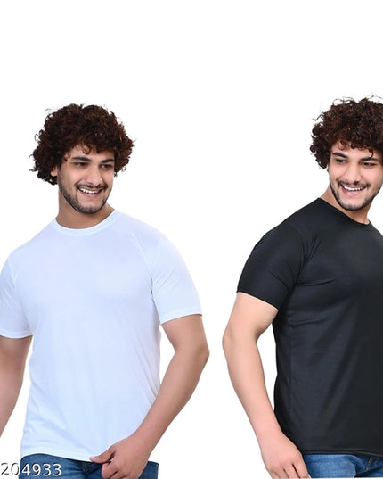 Round Neck Solid T-Shirt for Men (White & Black, S) (Pack of 2)