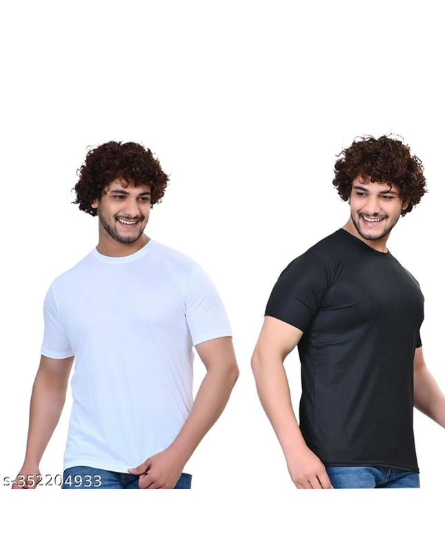 Round Neck Solid T-Shirt for Men (White & Black, S) (Pack of 2)