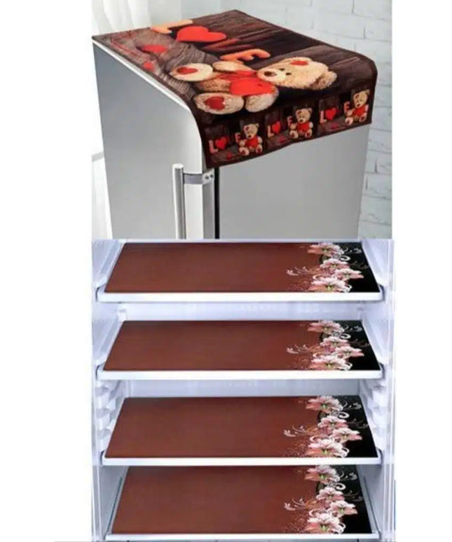 Knit Printed Fridge 4 Pcs Mat with Top Cover (Brown, Set of 1)