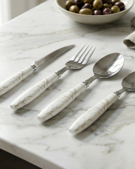 Stainless Steel Cutlery Set With Marble Design Handle (4 Pc  Set)