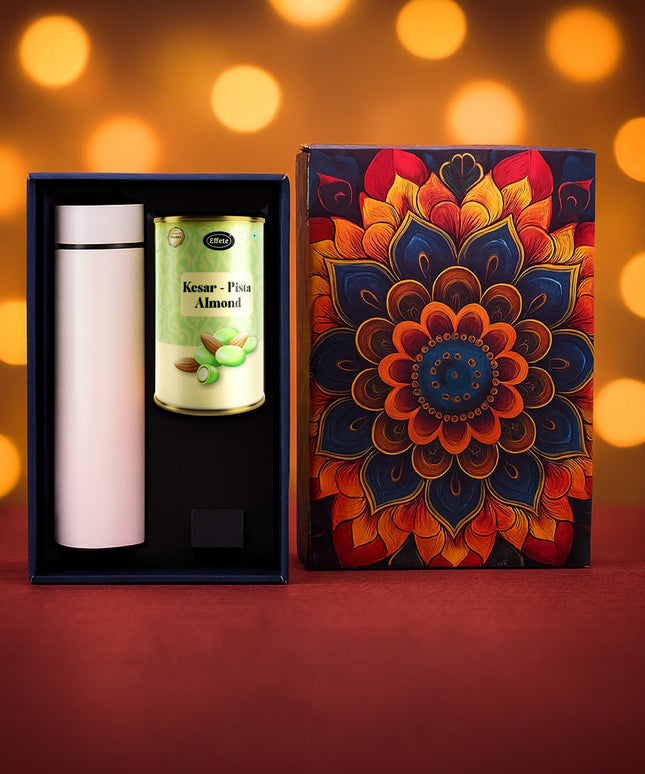 Effete Kesar Pista Almonds Gift Hamper Golden With Bottle (2 Pc Set)