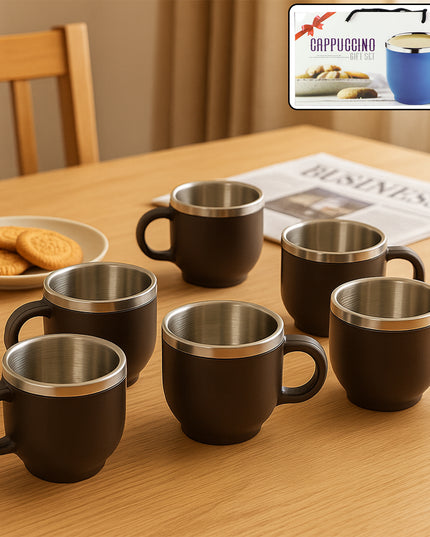 Apex Premium Double Wall Stainless Steel Cappuccino Mug Gift Set (6 Pc  100 Ml)