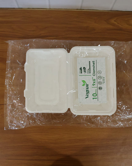 Vegnar Premium Bagasse Clamshell Food Box (10 Pc 9x6 Inch)