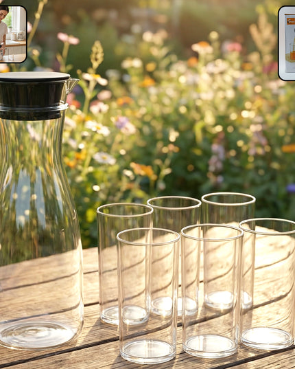 Prexo Plastic Water Jug And Drinking Glass Set (1 Jug 1000ml 6 Glasses 300ml)
