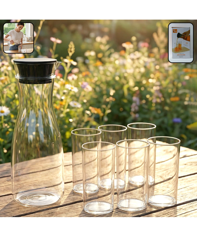 Prexo Plastic Water Jug And Drinking Glass Set (1 Jug 1000ml 6 Glasses 300ml)
