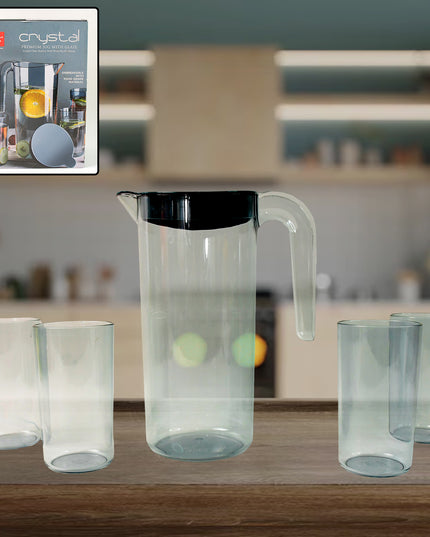 Apex Crystal Premium Jug With Lid  4 Pcs Glass (1500 Ml  300 Ml Approx  5 Pcs Set)