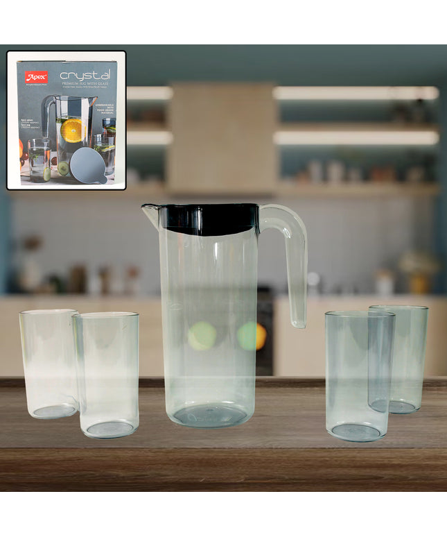 Apex Crystal Premium Jug With Lid  4 Pcs Glass (1500 Ml  300 Ml Approx  5 Pcs Set)