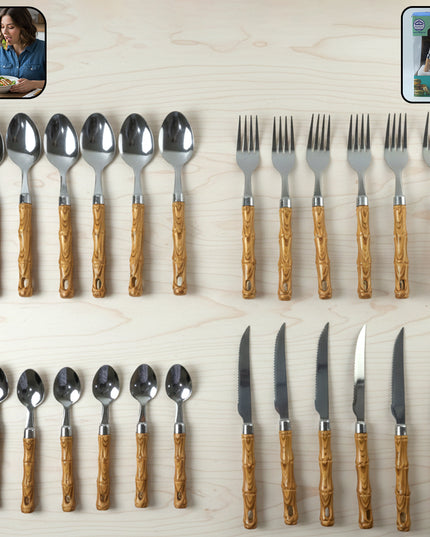 Stainless Steel Cutlery Set With Wooden Finish Handle (24 Pc Set)