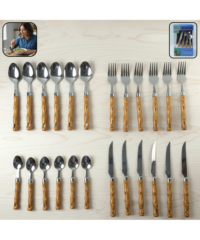 Stainless Steel Cutlery Set With Wooden Finish Handle (24 Pc Set)