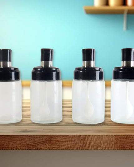 Transparent Spice Jar Set With Spoon  Airtight Lid (4 Pc)