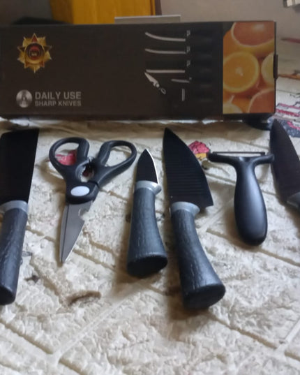 5629 6 Pieces Professional Kitchen Knife Set Meat Knife Chefs Knife With Non-slip Handle For Home Kitchen And Restaurant With Chef Peeler And Scissor (Stainless Steel  6 Pcs Set)