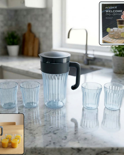 Multipurpose Plastic Water Juice Serving Jug With 4 Drinking Glasses Set (1 Set)
