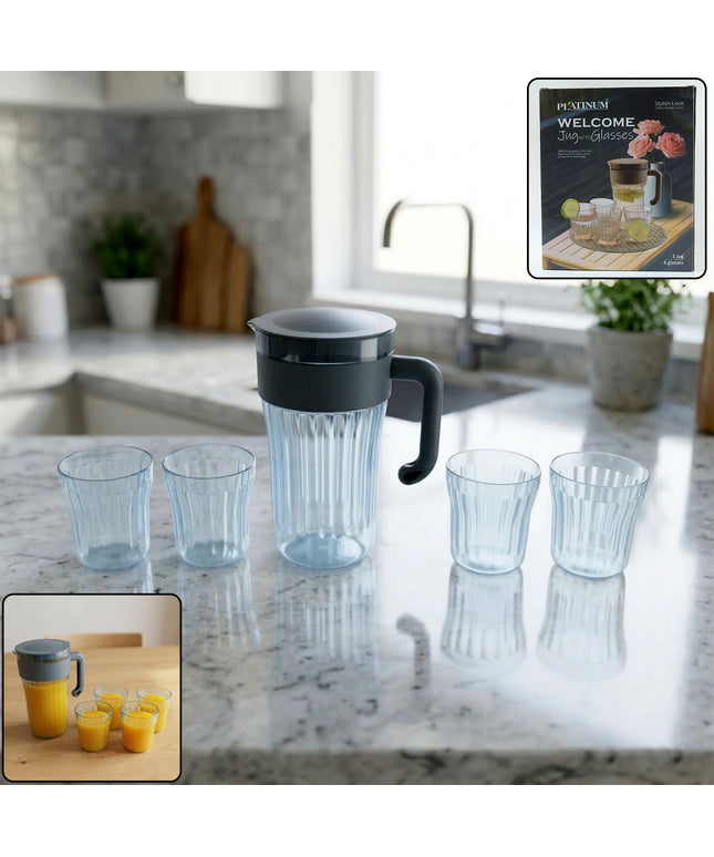 Multipurpose Plastic Water Juice Serving Jug With 4 Drinking Glasses Set (1 Set)
