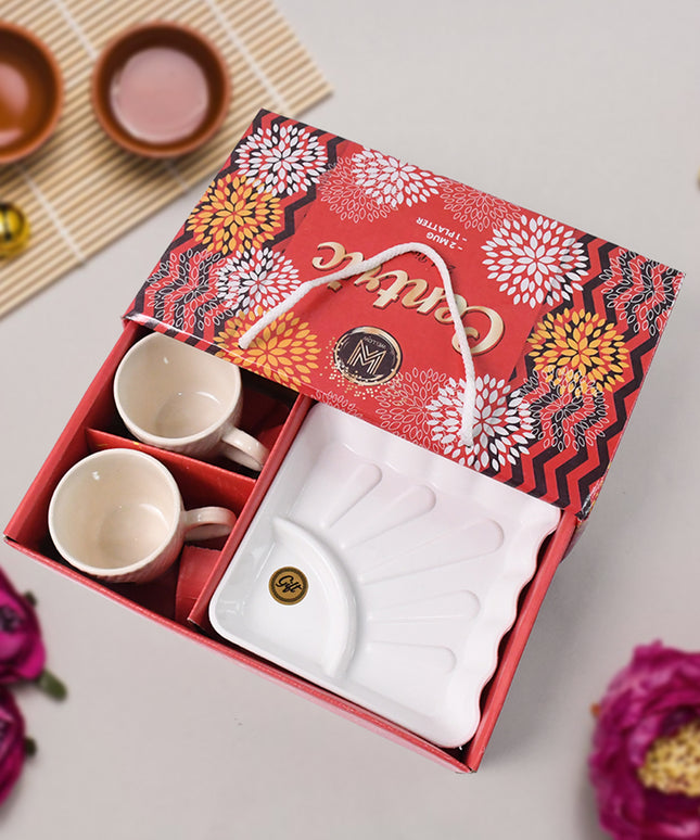Cerntric Ceramic Tea Cup With Plastic Square Shape Serving Platter Milk Cup 3pc Set