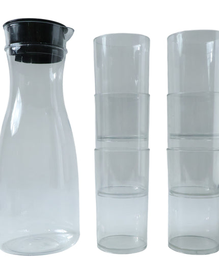 Prexo Plastic Water Jug And Drinking Glass Set (1 Jug 1000ml 6 Glasses 300ml)