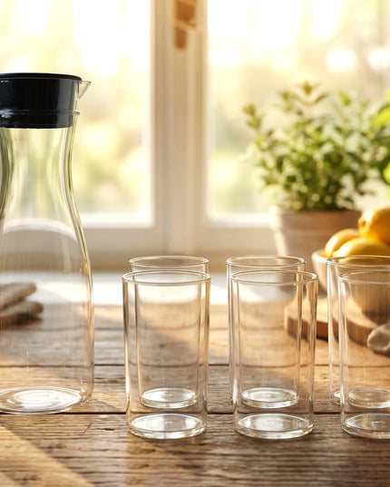 Prexo Plastic Water Jug And Drinking Glass Set (1 Jug 1000ml 6 Glasses 300ml)