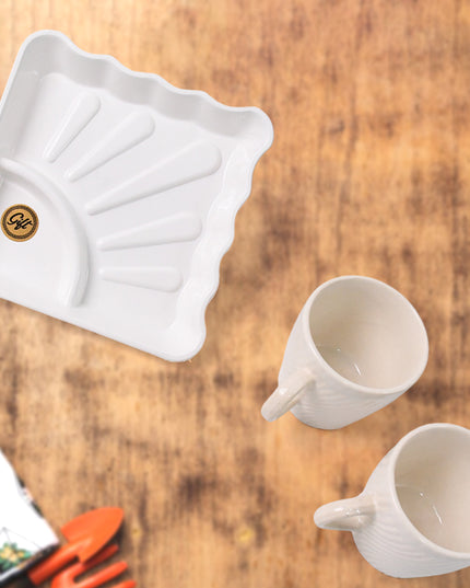 Cerntric Ceramic Tea Cup With Plastic Square Shape Serving Platter Milk Cup 3pc Set