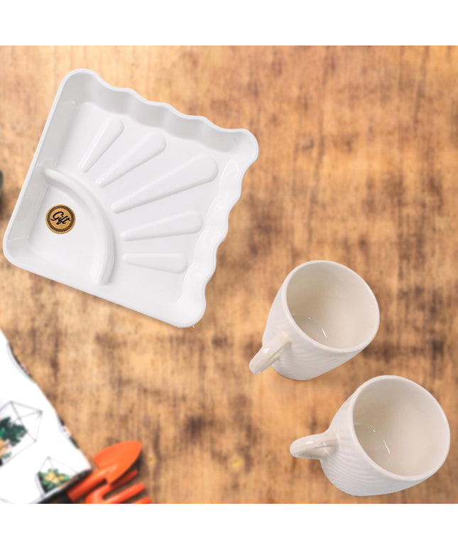 Cerntric Ceramic Tea Cup With Plastic Square Shape Serving Platter Milk Cup 3pc Set