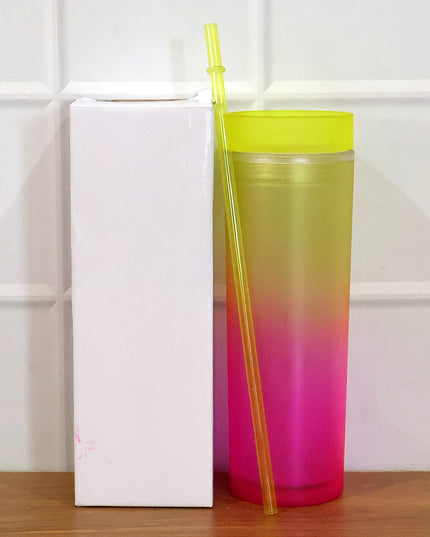 Gradient Plastic Drinking Tumbler Cup With Lid And Straw 400 Ml Approx