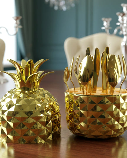 Stainless Steel Golden Cutlery Set With Pineapple Storage Stand (24 Pc Set)