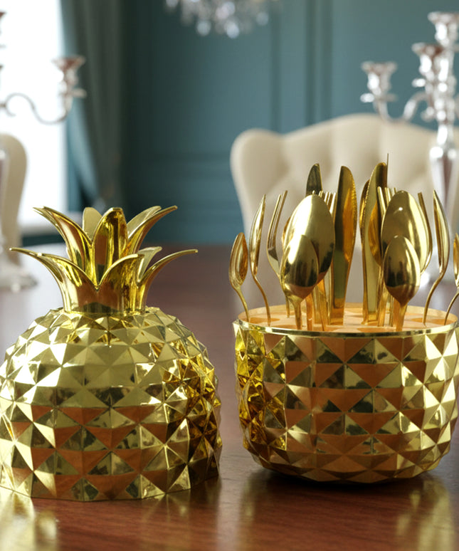 Stainless Steel Golden Cutlery Set With Pineapple Storage Stand (24 Pc Set)