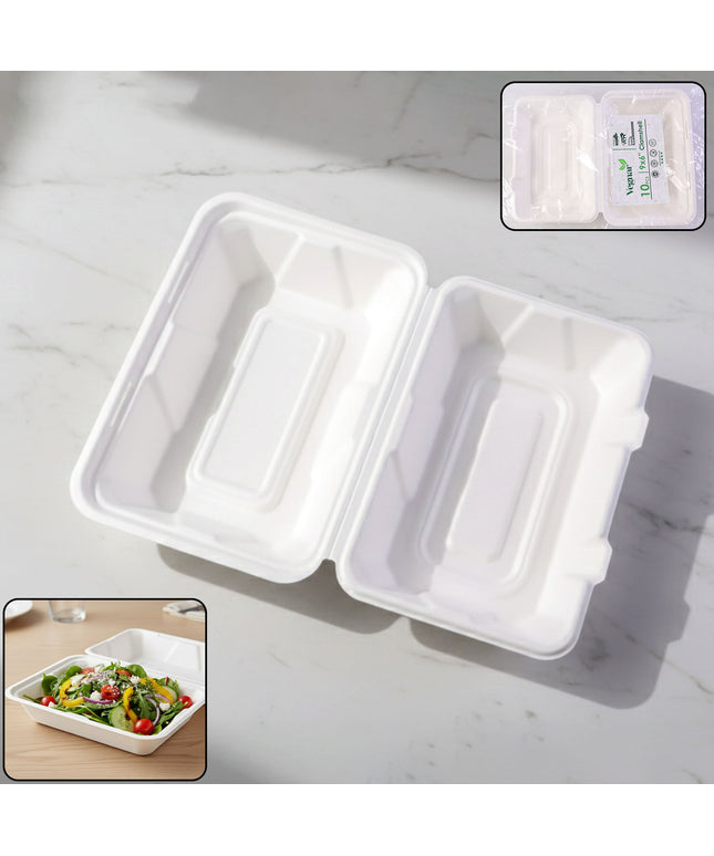 Vegnar Premium Bagasse Clamshell Food Box (10 Pc 9x6 Inch)