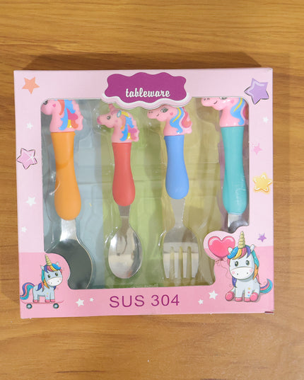 Unicorn Theme Kids Spoon And Fork With Plastic Handle Set (4 Pc Set)